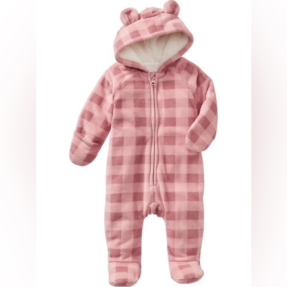 One-Piece Onesie | Kids 12-18M | Fleece Pink Plaid Bear